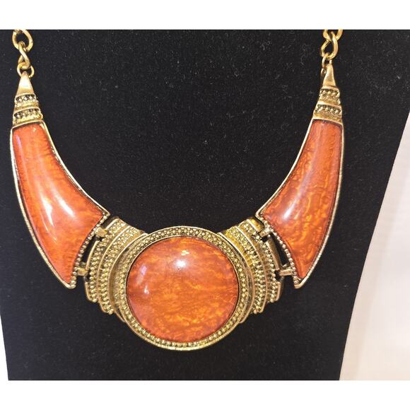 Cleopatra Statement Necklace Egyptian Revival Orange Gems Gold-Tone 18" Costume - Picture 2 of 10